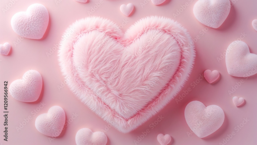 Fototapeta premium Pink fluffy hearts shape on pink background. minimalist style.