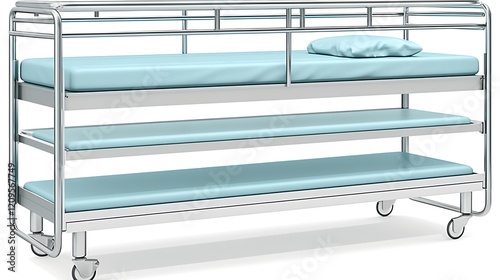 Hospital bed with three shelves on wheels.