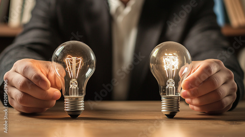 Close-up of a person comparing two energy-efficient light bulbs, highlighting decisions to save on electricity bills.