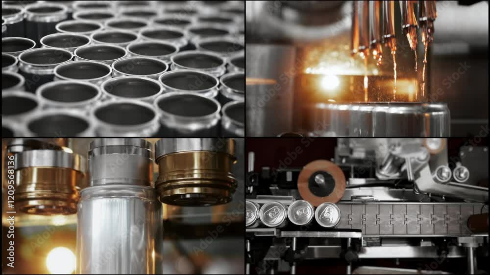 Multi Screen collage of production line for bottling drinks and beer at the plant. The process of automatically filling metal cans with a drink. Beverage production and bottling plant.