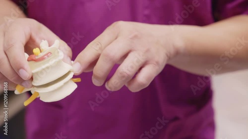 Doctor holds a model of human vertebrae and explains. Orthopedist talks about human vertebrae and points out problems and diseases. Doctor treating back pain
