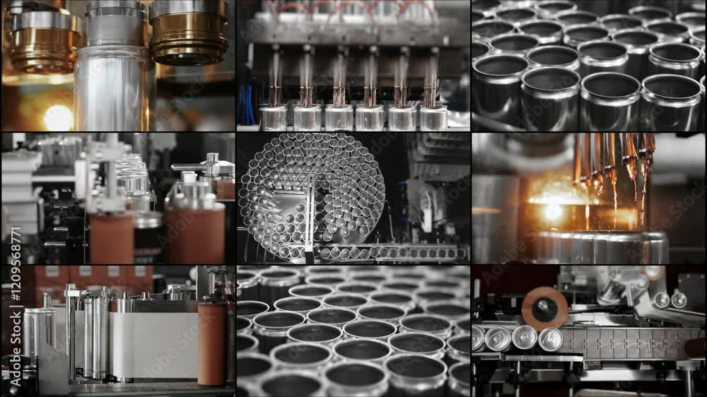 Multi Screen collage of production line for bottling drinks and beer at the plant. The process of automatically filling metal cans with a drink. Beverage production and bottling plant.