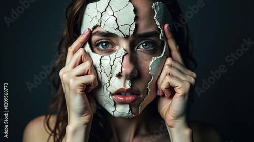 A person holds a cracked mask to their face, shards falling away to reveal a distorted reflection, symbolizing inner conflict and anxiety about identity.