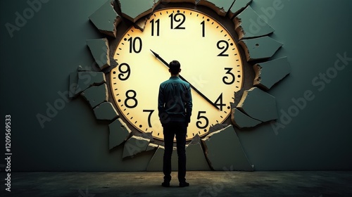 Wallpaper Mural A silhouette of a person standing in front of a shattered clock with frozen hands, representing the fear of time running out and an uncertain future. Torontodigital.ca