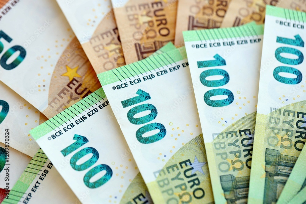 Many real european euro banknotes in big pile Many real european euro banknotes in big pile