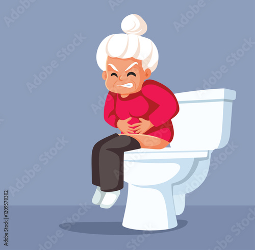 Senior Woman Feeling in Pain Due to Constipation Vector Illustration. Sick grandma sitting on a toilet bowl 
