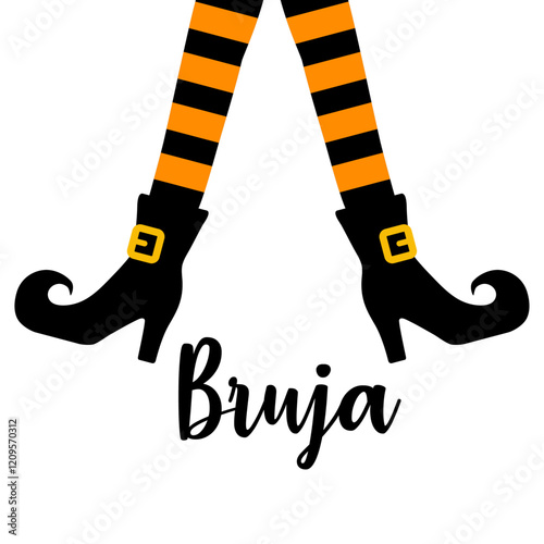 Logo Halloween. Piernas de bruja separadas con botas y medias y palabra Bruja en español para tarjetas y felicitaciones