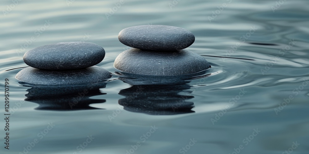 Serene stacked spa stones resting on tranquil water surface with gentle ripples creating a calm atmosphere perfect for wellness and relaxation visuals Serene stacked spa stones resting on tranquil water surface with gentle ripples creating a calm atmosphere perfect for wellness and relaxation visuals