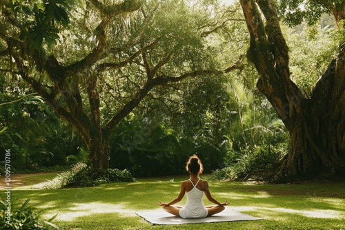 woman practicing yoga on a mat in a green forest clearing