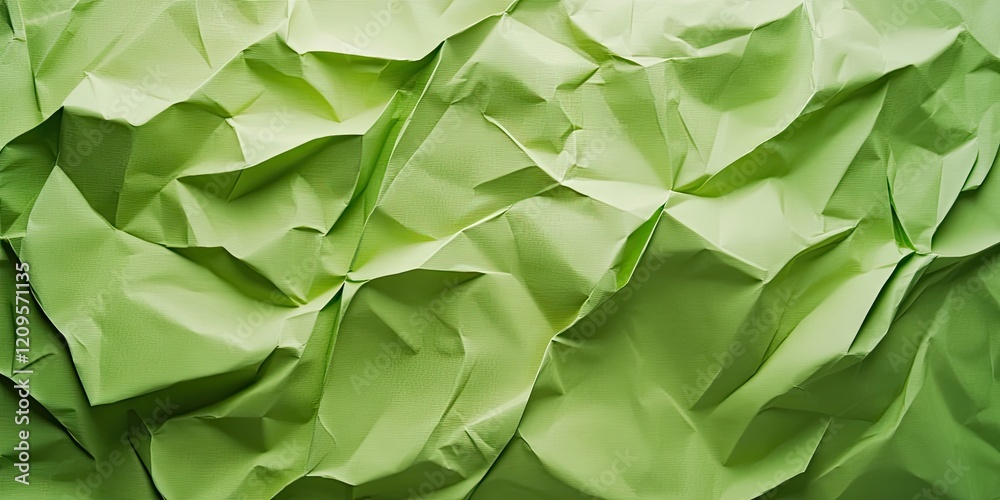 Fototapeta premium Textured green paper backdrop with various shades of green creases and folds, creating a dynamic and visually interesting surface coverage.