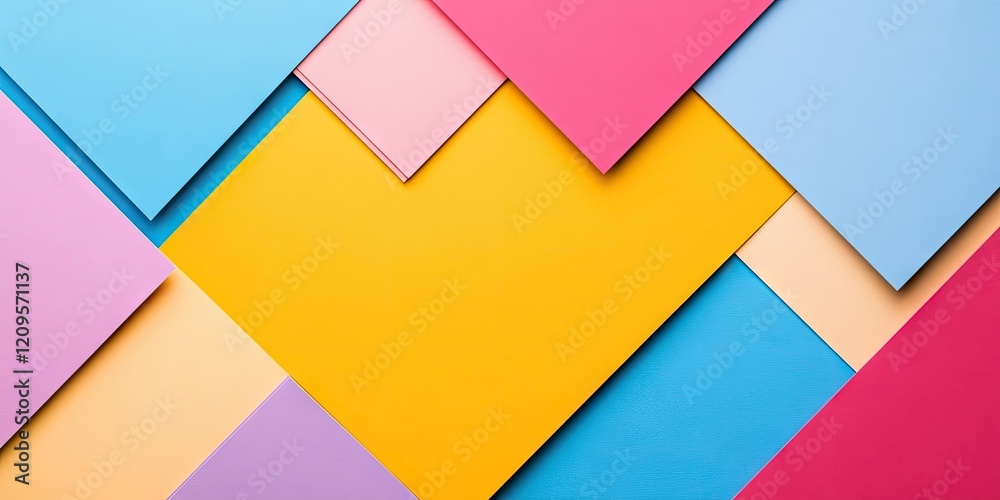 Colorful geometric paper arrangement with vibrant pink, blue, yellow, and purple sheets layered in a dynamic layout ideal for creative presentations. Colorful geometric paper arrangement with vibrant pink, blue, yellow, and purple sheets layered in a dynamic layout ideal for creative presentations.
