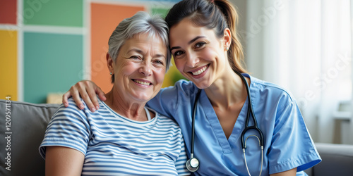 Smiling nurse in blue scrubs and stethoscope hugs an elderly patient. Nurse Accompanying Elderly Patient in Healthcare Setting. photo