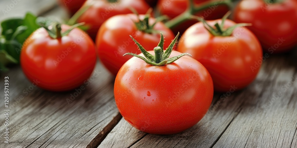 Fresh ripe red tomatoes clustered on a rustic wooden table, vibrant red hues with green stems, textured dark brown surface, natural light. Fresh ripe red tomatoes clustered on a rustic wooden table, vibrant red hues with green stems, textured dark brown surface, natural light.