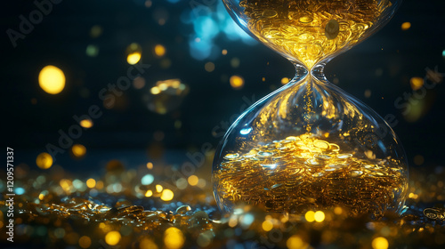 A surreal hourglass with liquid gold flowing between chambers, symbolizing the fleeting nature of wealth and time photo