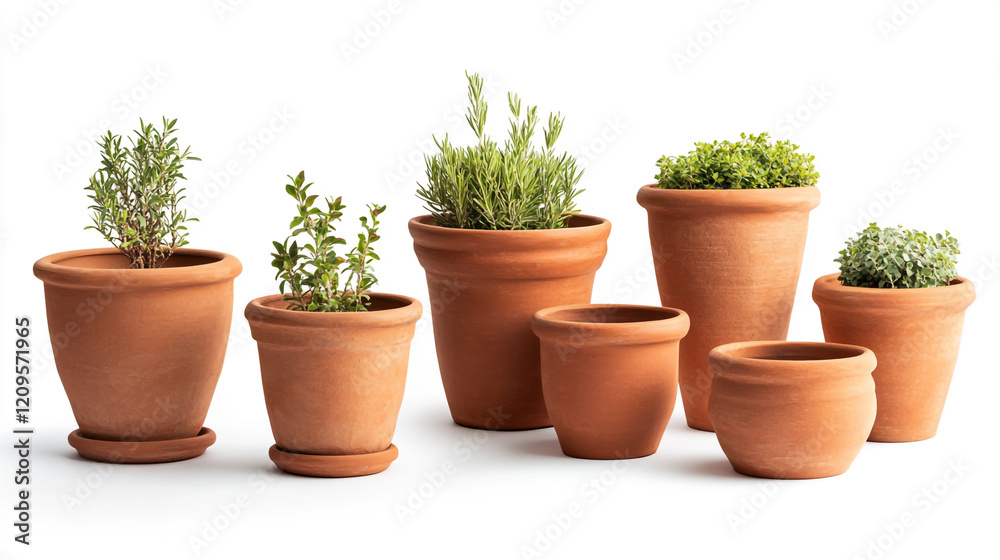 Set of clay planters isolated on white background full depth of feild . Set of clay planters isolated on white background full depth of feild .
