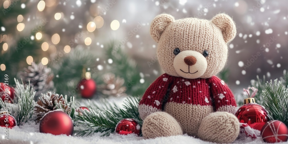 Knitted teddy bear in red sweater sits on snowy ground surrounded by Christmas ornaments and pine branches with soft bokeh lights in background Knitted teddy bear in red sweater sits on snowy ground surrounded by Christmas ornaments and pine branches with soft bokeh lights in background