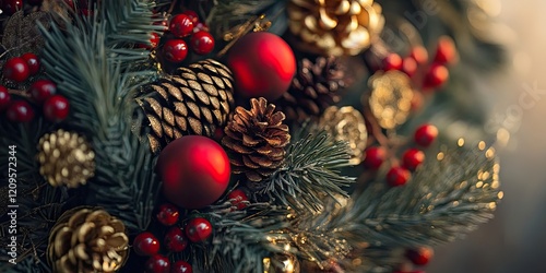 Festive holiday wreath featuring red ornaments, golden pine cones, and green pine needles with a blurred warm background for a cozy ambiance