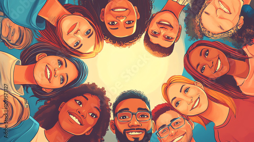 Diverse Group of Friends Smiling Together in a Circular Arrangement Under Bright Light