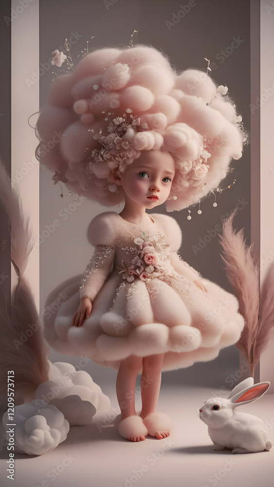 The cutest doll with volume hairstyle in a fashionable dress of dust color and pink fluffy with a pink bunny. Digital work of art. Generated by Ai