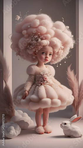 Obraz na płótnie The cutest doll with volume hairstyle in a fashionable dress of dust color and pink fluffy with a pink bunny. Digital work of art. Generated by Ai w salonie