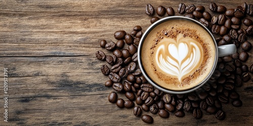 Latte art heart displayed in a white cup on a rustic wooden table surrounded by dark coffee beans top view warm tones inviting morning vibe photo