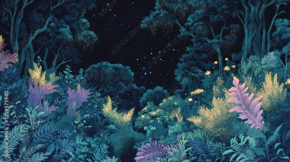 Obraz premium Enchanted Forest Night Scene Glowing Plants and Stars