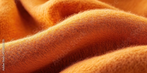 Closeup view of soft orange felt textile with smooth waves and rich texture, featuring warm tones and delicate fiber details in foreground. photo