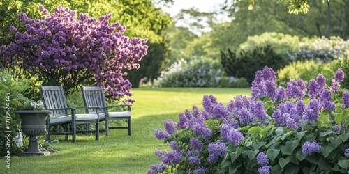 Vibrant lilac bushes in full bloom create colorful patches in a lush garden, featuring green grass, two gray chairs, and a tranquil atmosphere.