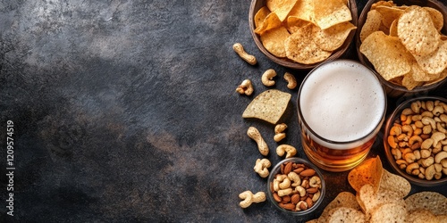 Lager beer in a clear glass on a dark stone table next to bowls of chips and nuts captured from above with plenty of copyspace on the left