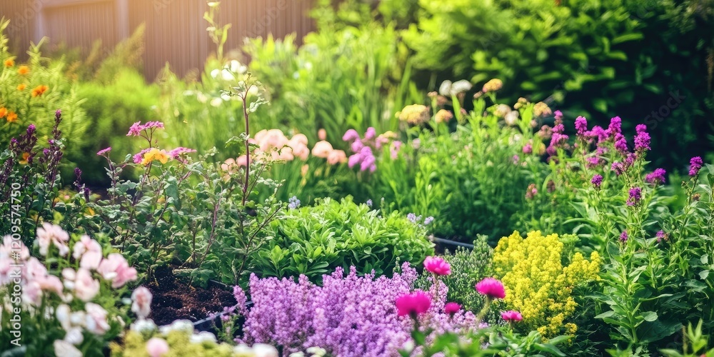 Obraz premium Vibrant flower garden in sunlight showcasing pink, purple, and yellow blossoms surrounded by lush green foliage and natural landscaping.