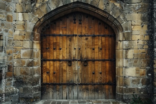 Old wooden door from ancient medieval european castle. Detailed photo textured background