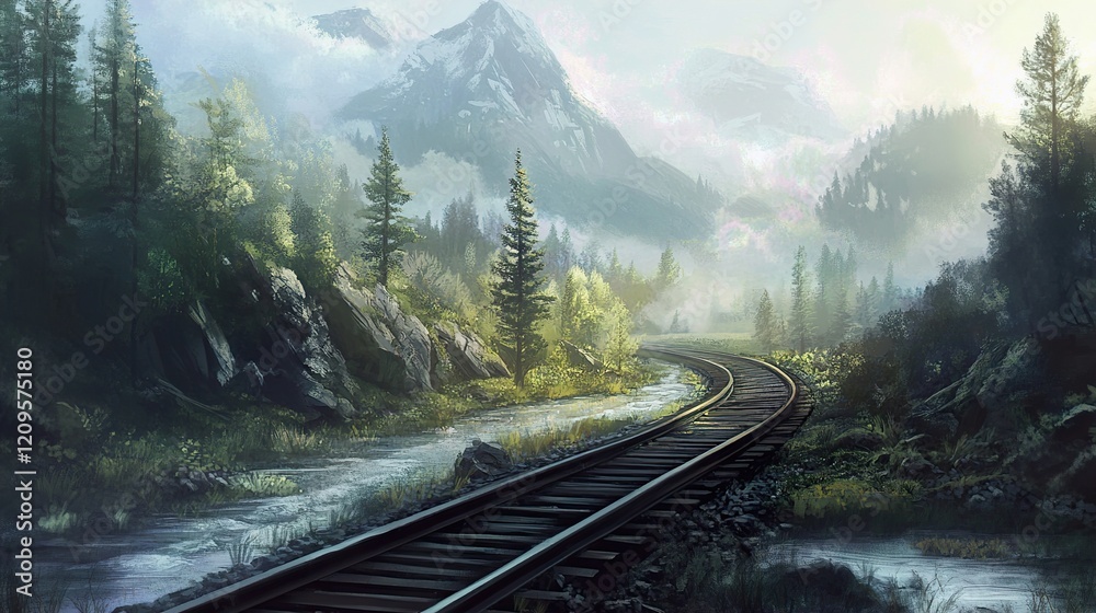 Fototapeta premium Misty Mountain Railroad: A Serene Landscape