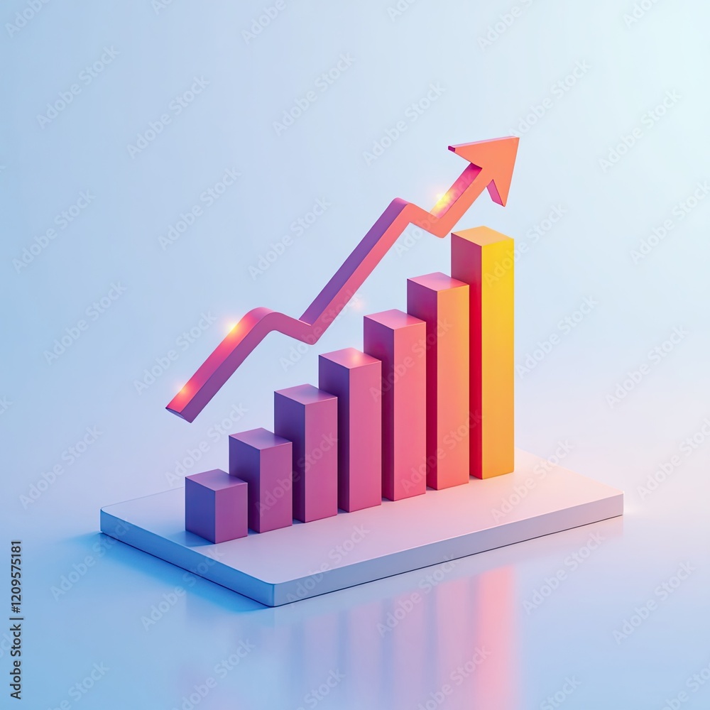 An isometric depiction of a colorful bar graph with upward arrow An isometric depiction of a colorful bar graph with upward arrow
