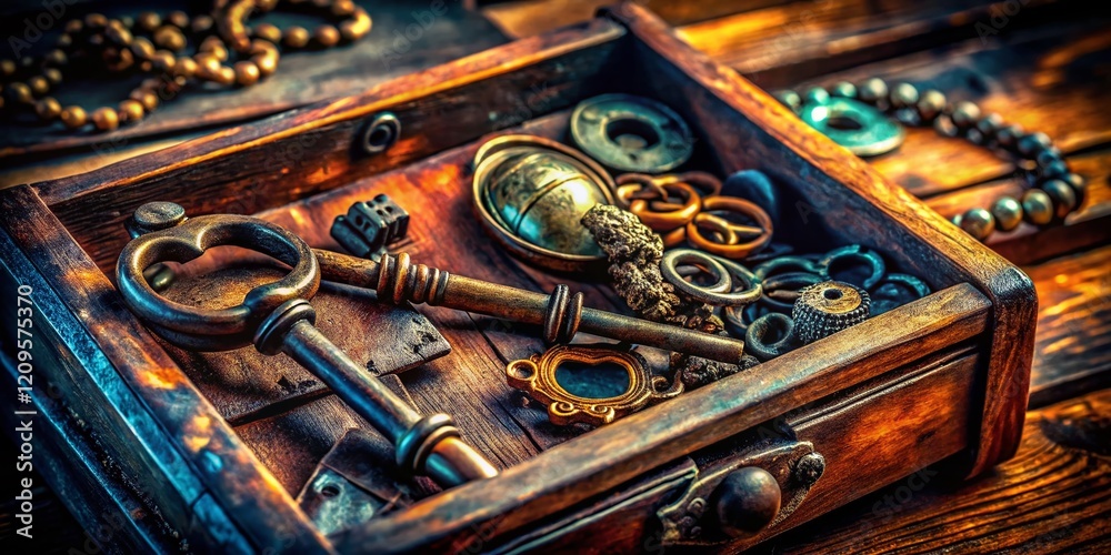Mysterious Half-Open Drawer with Keys, Old Photos & Antique Objects - Vintage Still Life Mysterious Half-Open Drawer with Keys, Old Photos & Antique Objects - Vintage Still Life