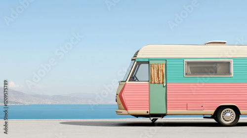 A vibrant vintage camper van rests near the shoreline, showcasing pink and turquoise colors. The calm sea sparkles under the sun, creating a serene atmosphere ideal for relaxation and adventure
