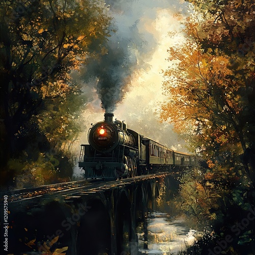 Wallpaper Mural Steam Train on Autumn Bridge: A Journey Through Nature Torontodigital.ca