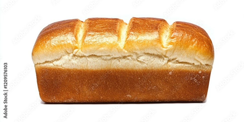 Freshly baked golden brown bread loaf, rectangular shape, smooth texture, three signature slashes on top, placed against a white background. Freshly baked golden brown bread loaf, rectangular shape, smooth texture, three signature slashes on top, placed against a white background.