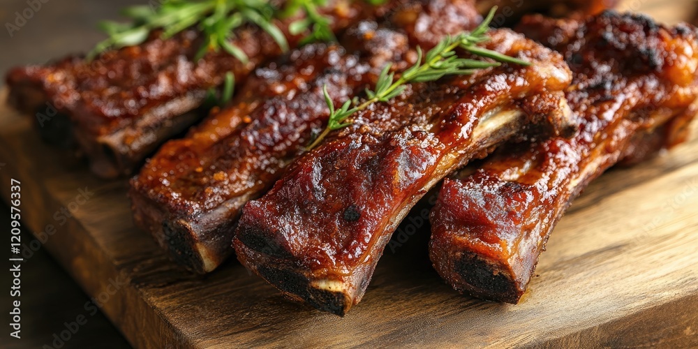 Grilled ribs with rich caramelized glaze on wooden board garnished with fresh herbs showcasing deep brown and vibrant green colors Grilled ribs with rich caramelized glaze on wooden board garnished with fresh herbs showcasing deep brown and vibrant green colors