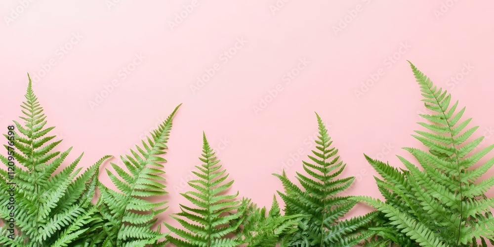 Vibrant green ferns arranged at the bottom against a soft pink background creating a fresh and lively nature-inspired composition. Vibrant green ferns arranged at the bottom against a soft pink background creating a fresh and lively nature-inspired composition.