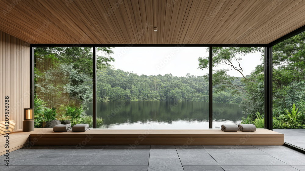 Fototapeta premium Bright and spacious interior features large windows that provide a stunning view of a calm lake and verdant trees. The design emphasizes minimalism and harmony with nature