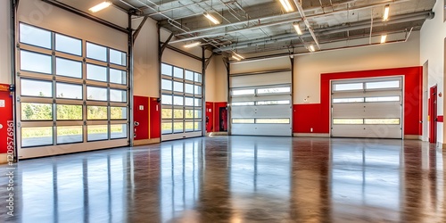 Functional firehall with concrete flooring, bright walls, and large overhead doors. Designed for quick accessibility. photo