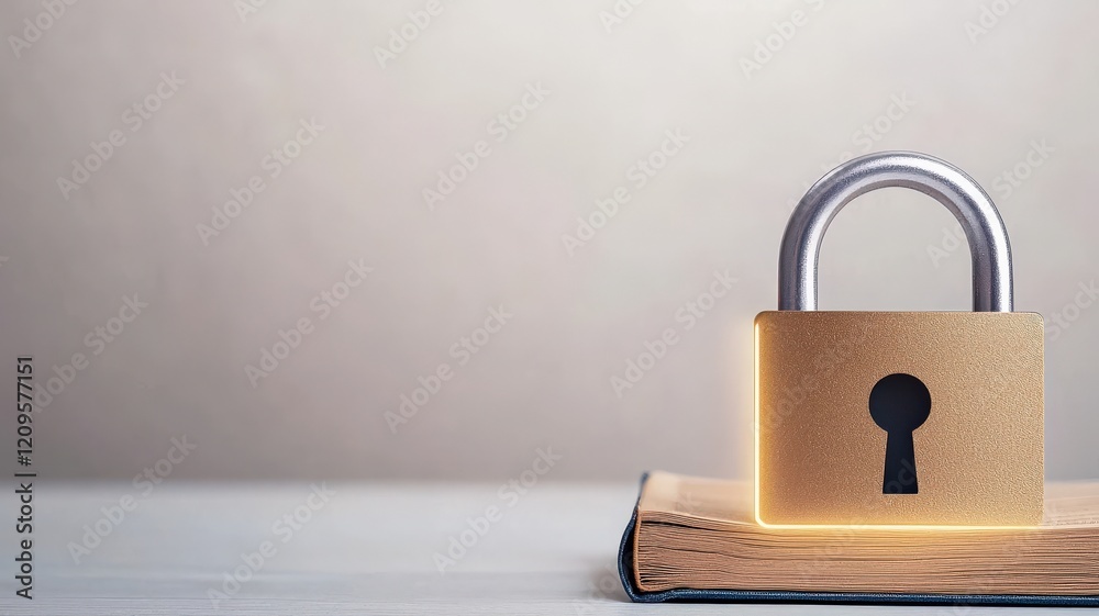 Naklejka premium legislation policy enforcement concept. A golden padlock on a wooden surface, symbolizing security and protection.
