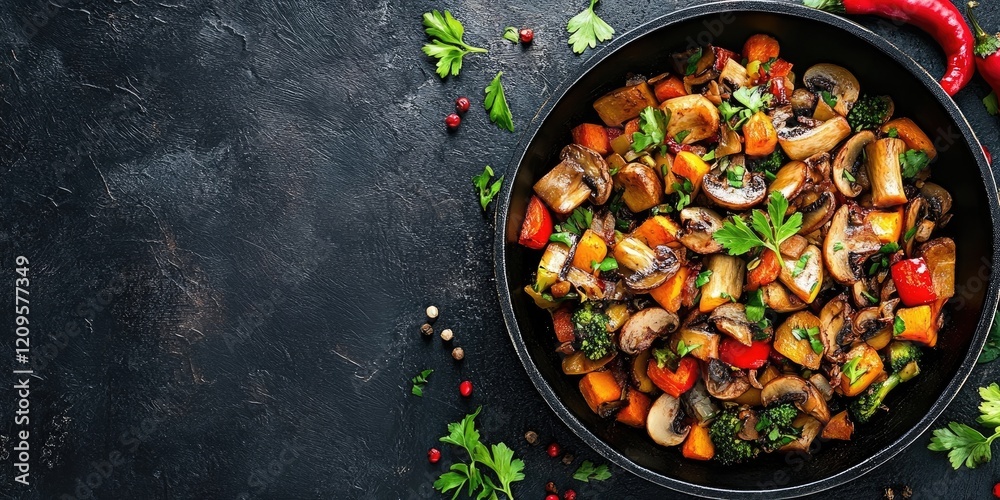 Vibrant skillet filled with colorful sautéed vegetables and mushrooms garnished with fresh parsley on a dark textured background ideal for recipes Vibrant skillet filled with colorful sautéed vegetables and mushrooms garnished with fresh parsley on a dark textured background ideal for recipes