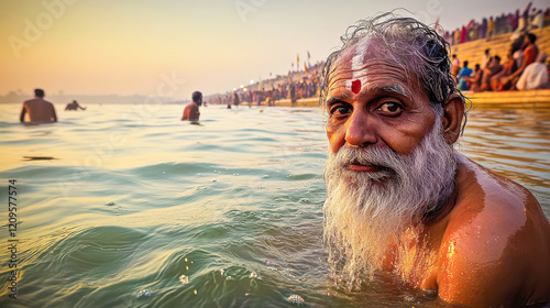 sadhu bathing in Ganges water at maha kumbh mela