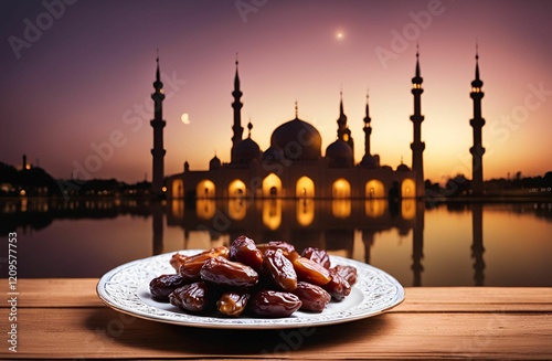 Ramadan Iftar with Dates and Mosque at Evening photo