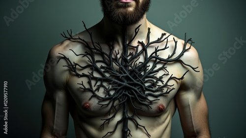  A tangled web of dark vines growing around a person’s chest, tightening with every breath, symbolizing the physical and emotional constriction of anxiety.