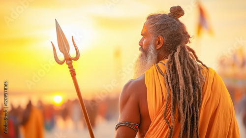 indian sadhu in the maha kumbh mela near river photo