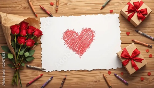Romantic scene featuring a wooden table with a bouquet of red roses wrapped in brown paper, a gift box