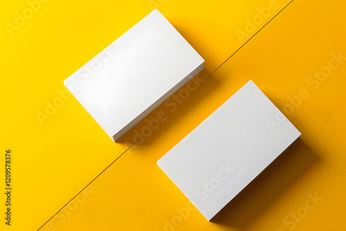 Two white business cards showcased against a bright yellow background in space, vector illustration. Generative Ai.