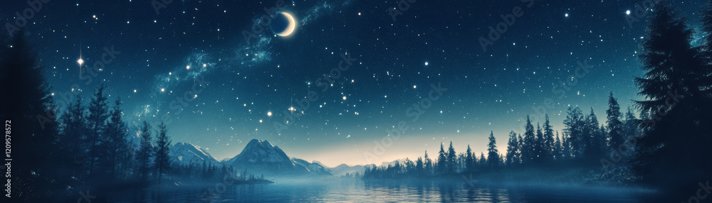 Fototapeta premium serene night sky with crescent moon, stars, and tranquil lake reflecting landscape. scene is surrounded by mountains and pine trees, creating peaceful atmosphere
